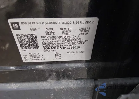 2019 Chevrolet Equinox Ls z USA, uszkodzony, nr VIN 3GNAXHEV1KL356019